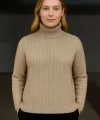 Balıkcı Yaka Bağazlı Triko Kazak Pamuklu Kalın Fitilli Dokuma - Bej