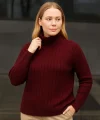 Balıkcı Yaka Bağazlı Triko Kazak Pamuklu Kalın Fitilli Dokuma - Bordo