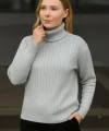 Balıkcı Yaka Bağazlı Triko Kazak Pamuklu Kalın Fitilli Dokuma - Gri
