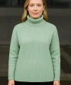Balıkcı Yaka Bağazlı Triko Kazak Pamuklu Kalın Fitilli Dokuma - Mint Yeşili