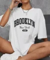 Baskılı Oversize Bisiklet Yaka T-shirt - Beyaz