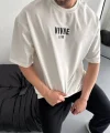 Baskılı Oversize Bisiklet Yaka T-shirt - Beyaz
