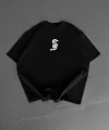 Baskılı Oversize Bisiklet Yaka T-shirt - Siyah