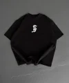 Baskılı Oversize Bisiklet Yaka T-shirt - Siyah
