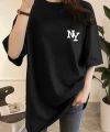 Baskılı Oversize Bisiklet Yaka T-shirt - Siyah