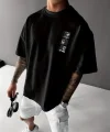Baskılı Oversize Bisiklet Yaka T-shirt - Siyah