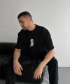 Baskılı Oversize Bisiklet Yaka T-shirt - Siyah