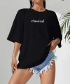 Baskılı Oversize Bisiklet Yaka T-shirt - Siyah