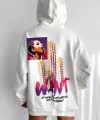 Baskılı Üç İplik Kapüşonlu Oversize Sweatshirt - Beyaz