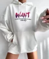 Baskılı Üç İplik Kapüşonlu Oversize weatshirt  Beyaz