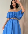 Bebe Mavi Omzu Lastikli Brode Elbise