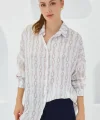 Bej Beyaz Desenli Oversize Saten Gömlek 3985
