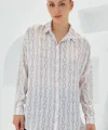 Bej Beyaz Desenli Oversize Saten Gömlek 3985