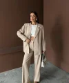 Bej Çizgili Ceket Ve Pantolon Takım