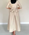 Bej İnce Kemerli Fırfırlı Ceket Ve Büzgülü Etek Takım