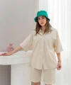 Bej Kısa Kollu Keten Gömlek Ve Şort Takım