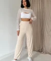 Bej Pensli Lastik Detaylı Pantolon