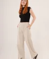 Bel astikli Paça Detaylı Cepli Krem Pantolon