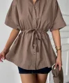 BEL BÜZGÜ DETAYLI POPLİN GÖMLEK - Kahverengi