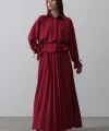 Bel Detaylı Bluz Pileli Etek  Bordo