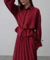 Bel Detaylı Bluz Pileli Etek  Bordo