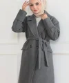 Beli Kuşaklı Yünlü Dokuma Kaşmir Kaban - Gri