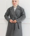 Beli Kuşaklı Yünlü Dokuma Kaşmir Kaban - Gri
