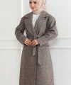 Beli Kuşaklı Yünlü Dokuma Kaşmir Kaban - Vizon