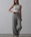 Beli Yarım Lastikli Palazzo Pantolon - Gri-Beyaz