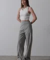 Beli Yarım Lastikli Palazzo Pantolon - Gri-Beyaz