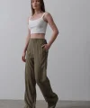 Beli Yarım Lastikli Palazzo Pantolon - Haki-Beyaz