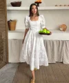 Beyaz Balon Kollu Brode Elbise