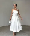 Beyaz Beli Kemerli Pileli Elbise