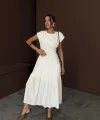 Beyaz Büzgü Detaylı Keten Elbise