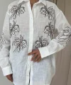 Beyaz Flamlı Keten Nakışlı Pullu Gömlek