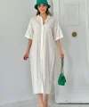 Beyaz Keten Kısa Kollu Elbise