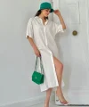 Beyaz Keten Kısa Kollu Elbise