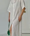Beyaz Keten Kısa Kollu Elbise