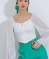 Beyaz Şifon Önü Fermuarlı Bluz 0496