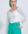 Beyaz Şifon Önü Fermuarlı Bluz 0496