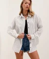 Beyaz Siyah Çizgili Oversize Uzun Basic Gömlek 3900