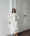 Beyaz Valonlu Şeritli Kat Kat Elbise