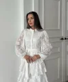 Beyaz Valonlu Şeritli Kat Kat Elbise