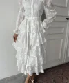 Beyaz Valonlu Şeritli Kat Kat Elbise