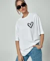 Bisiklet Yaka Baskılı Oversize Thirt  Beyaz