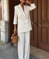 Blazer Ceketli Çizgili Keten Takım 10186