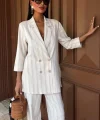 Blazer Ceketli Çizgili Keten Takım 10186