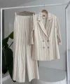 Blazer Ceketli Çizgili Keten Takım 10186