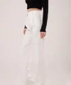 Bol Paça Piliseli Beyaz Pantolon
