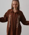 Boncuk Nakış Detaylı Uzun Gömlek - Kahve